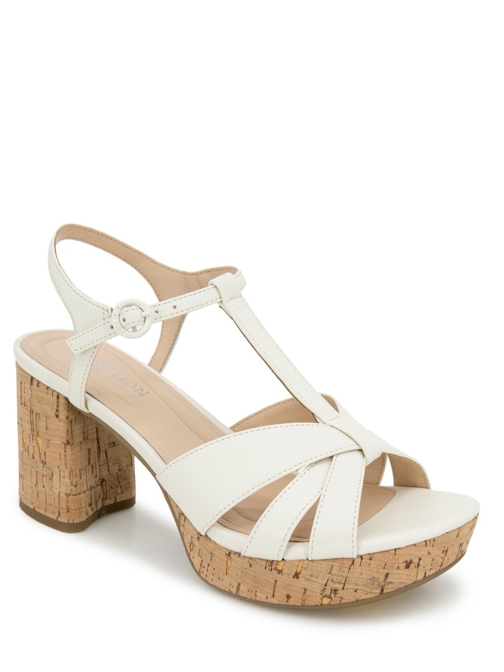 Kenneth Cole Reaction White Cork Block Heel T-Strap Sandals